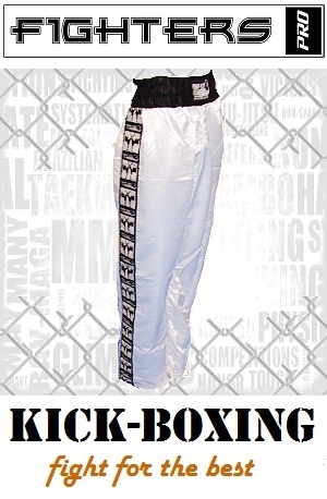 FIGHT-FIT - Pantalon de Kick-boxing / Satiné / Blanc / Medium