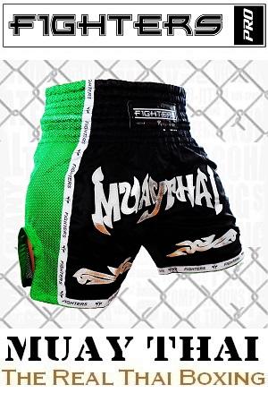 FIGHTERS - Thai Boxing Shorts / Elite Muay Thai / Black-Green / XS