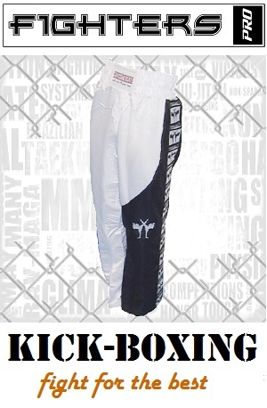 FIGHTERS - Kick-Boxing Hosen / Satin / Weiss-Schwarz / XS